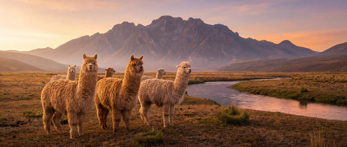 Group of alpacas standing in the Andean highlands beneath mountain peaks at sunset