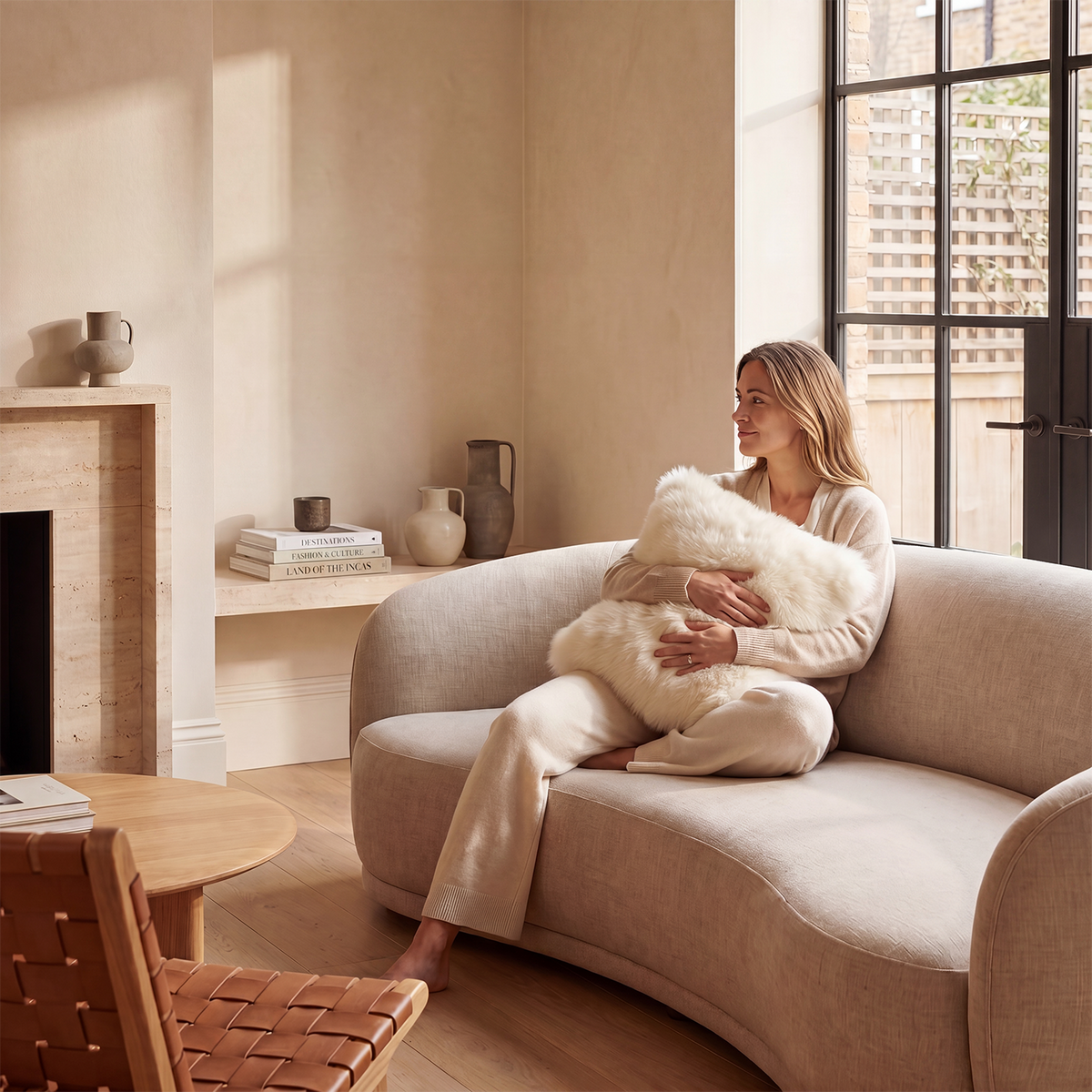 Woman seated on a curved sofa holding an ivory baby alpaca fur cushion in a warm contemporary interior