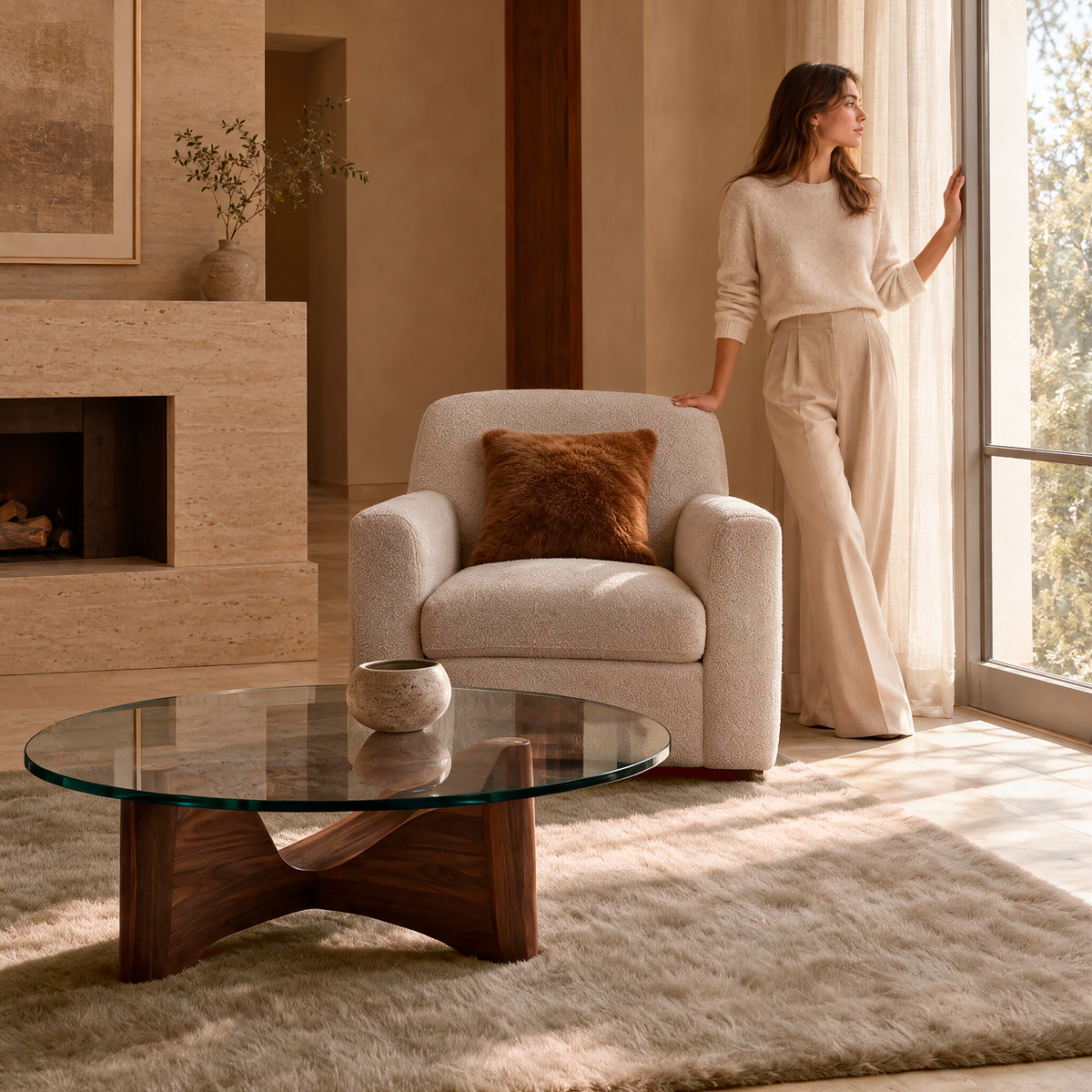 Refined contemporary interior with a chestnut baby alpaca fur cushion and a light neutral alpaca fur rug beside an armchair