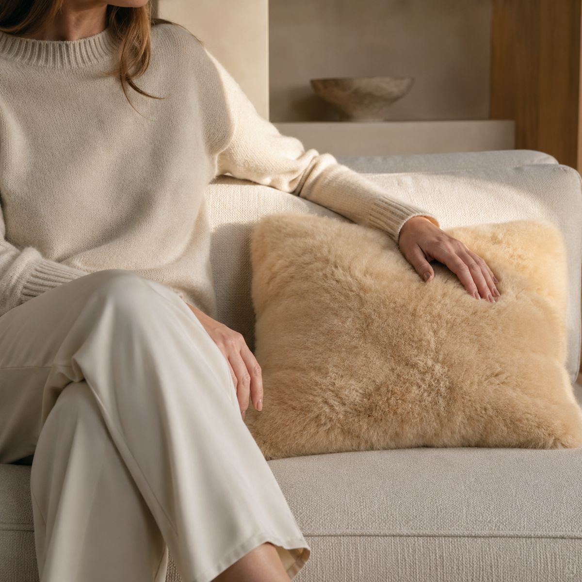 Woman seated on a neutral sofa resting her hand on a beige baby alpaca fur cushion in a warm contemporary interior
