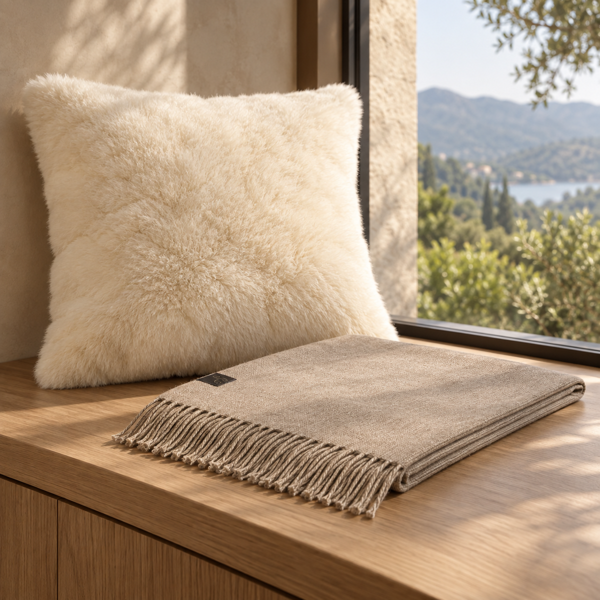 Baby alpaca fur cushion and lightweight woven baby alpaca throw beside a window, shown ready for careful storage