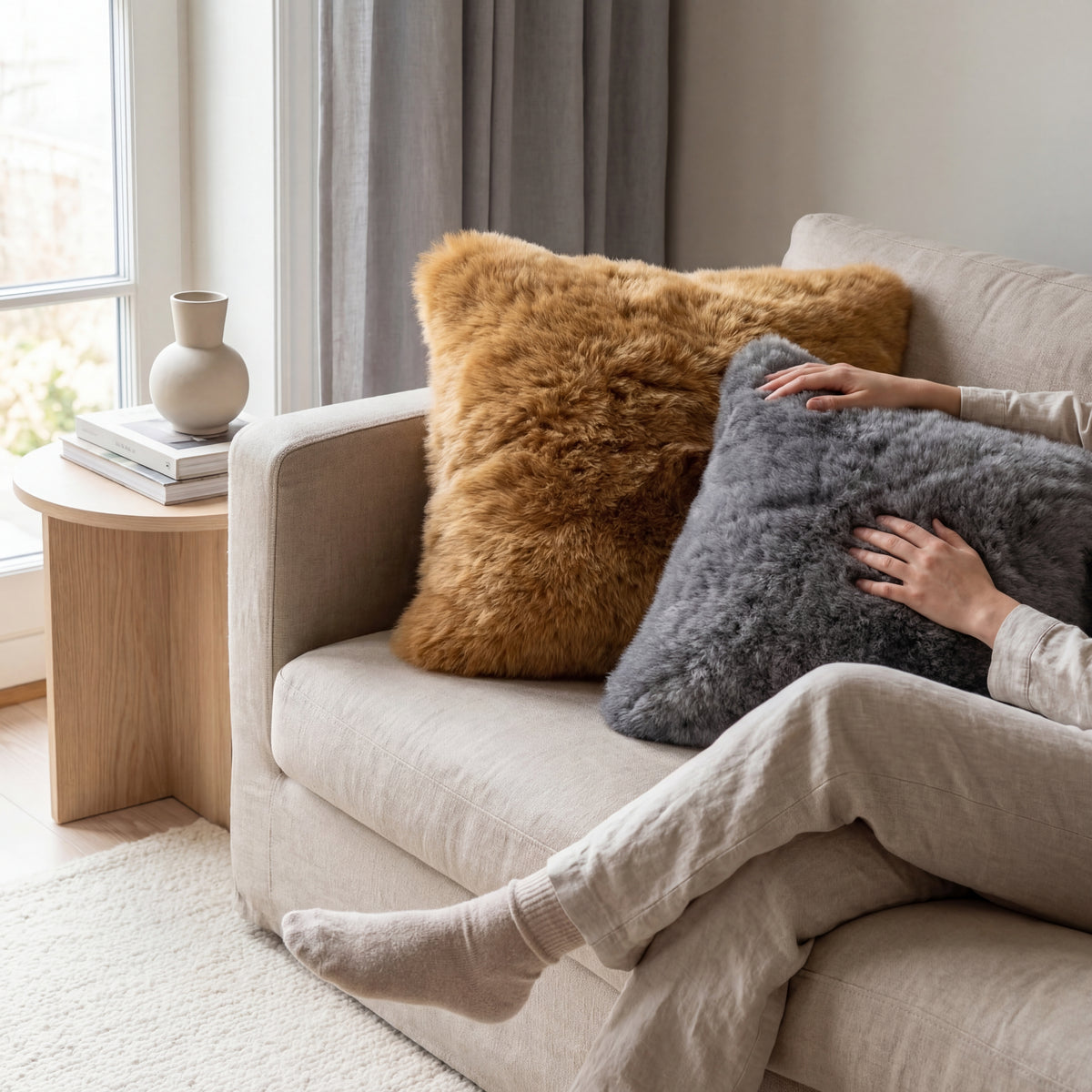 Chestnut and charcoal baby alpaca fur cushions on a neutral sofa beside a seated person
