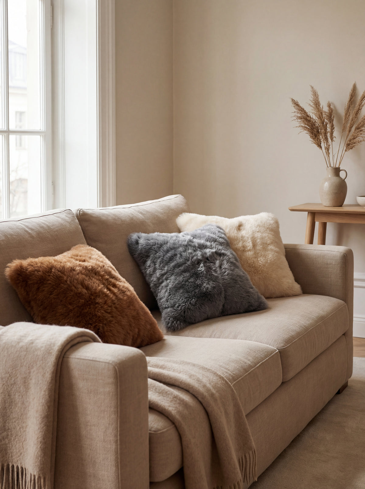 Baby alpaca fur cushions in chestnut and charcoal arranged on a neutral sofa in a refined interior