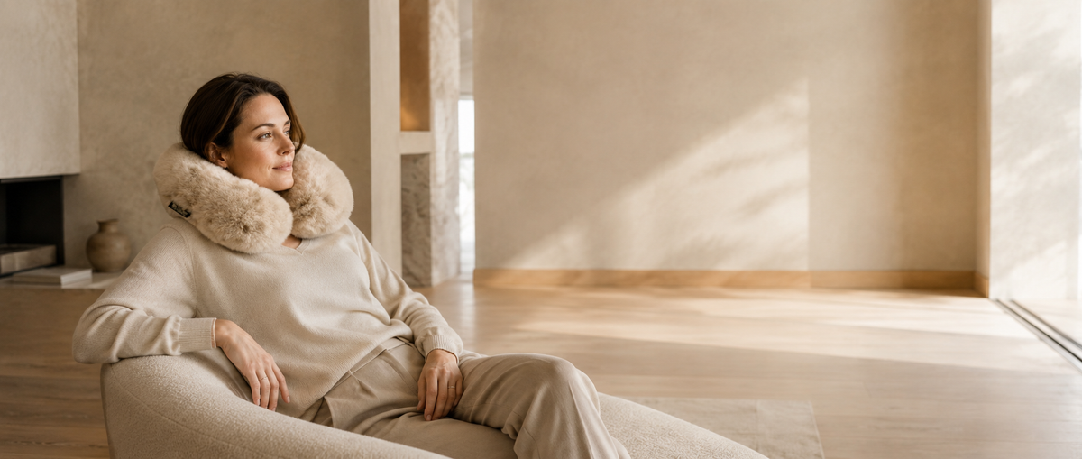Woman seated in a warm contemporary interior wearing a soft baby alpaca fur neck pillow