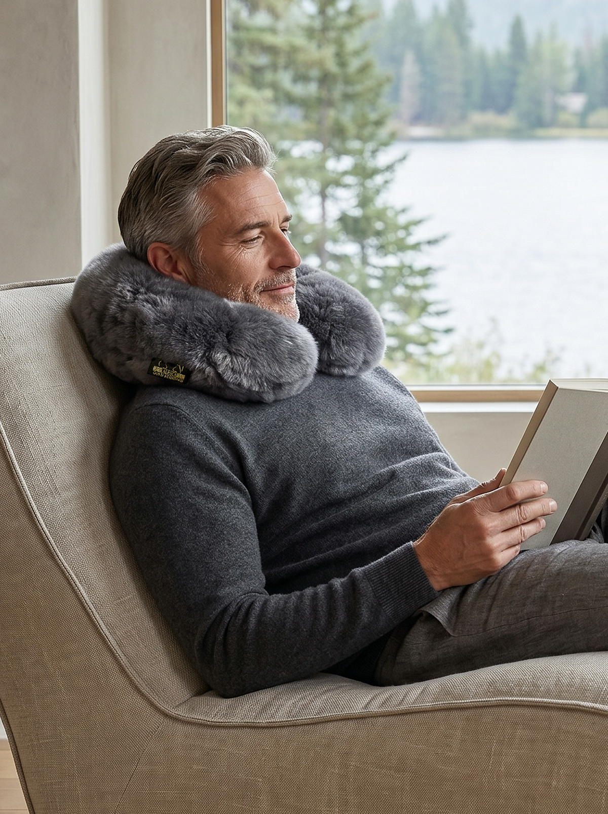 Man relaxing by a window while wearing a charcoal baby alpaca fur neck pillow