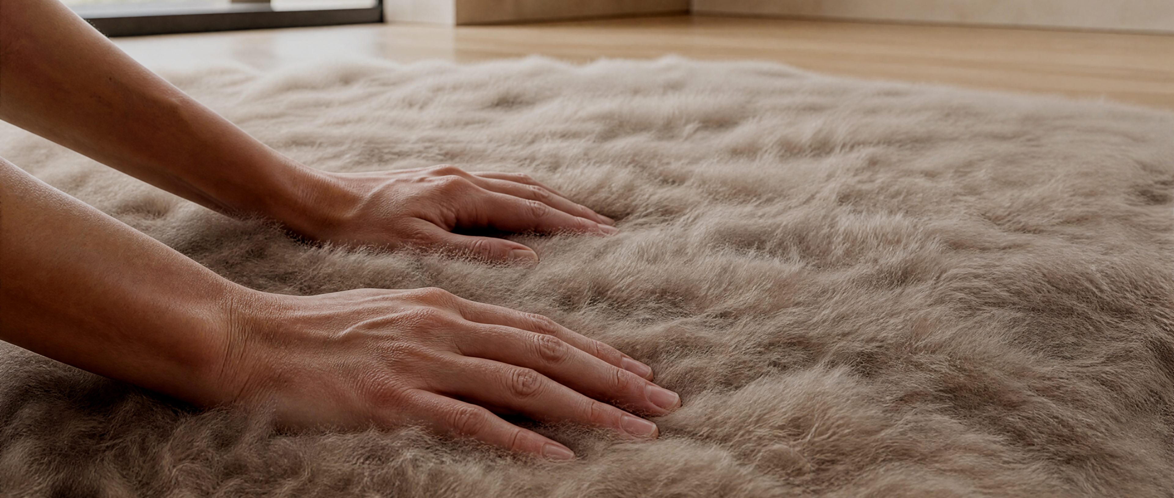Hands gently smoothing a taupe baby alpaca fur rug, showing the soft texture and natural fiber direction
