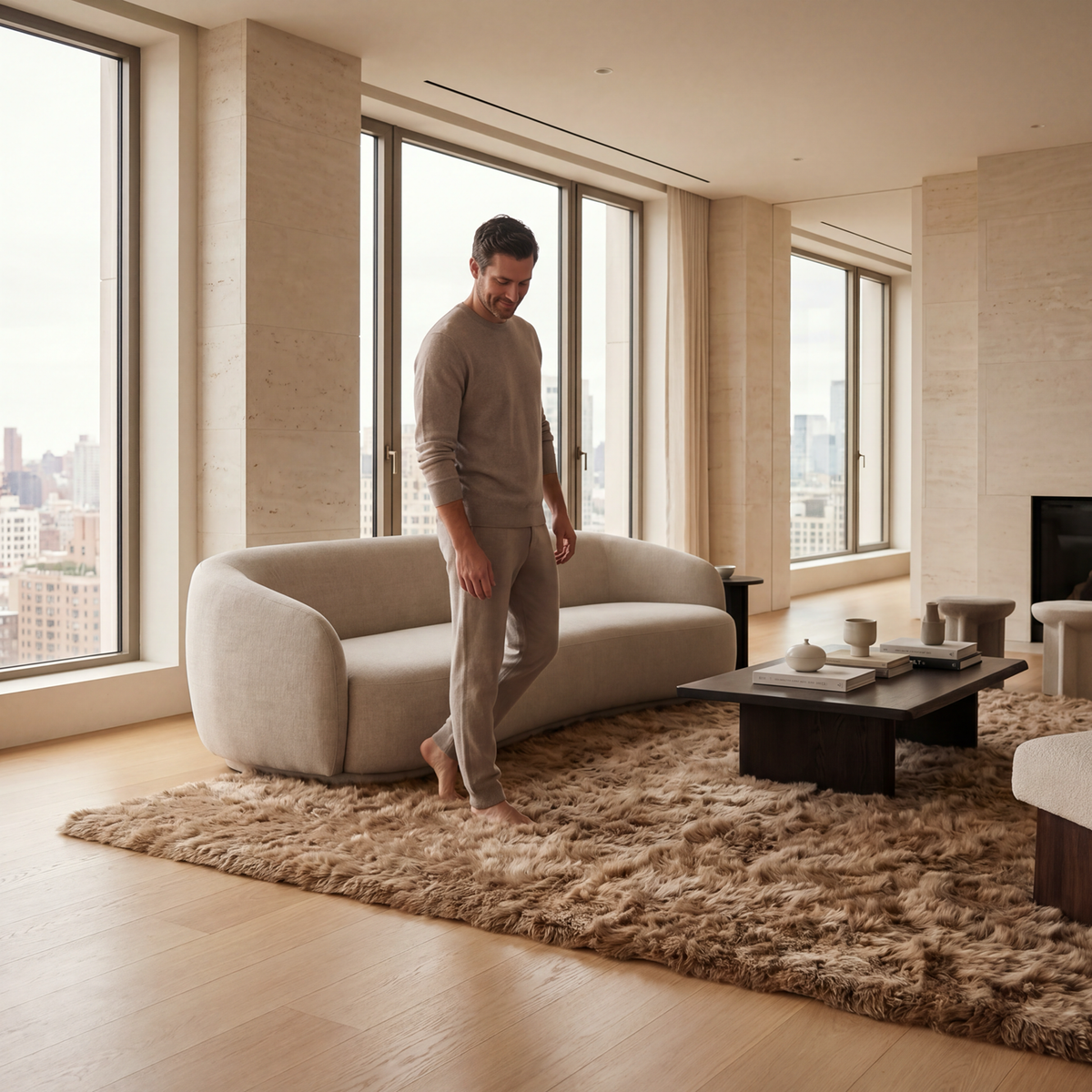 Man standing barefoot on a taupe baby alpaca fur rug in a refined contemporary living room