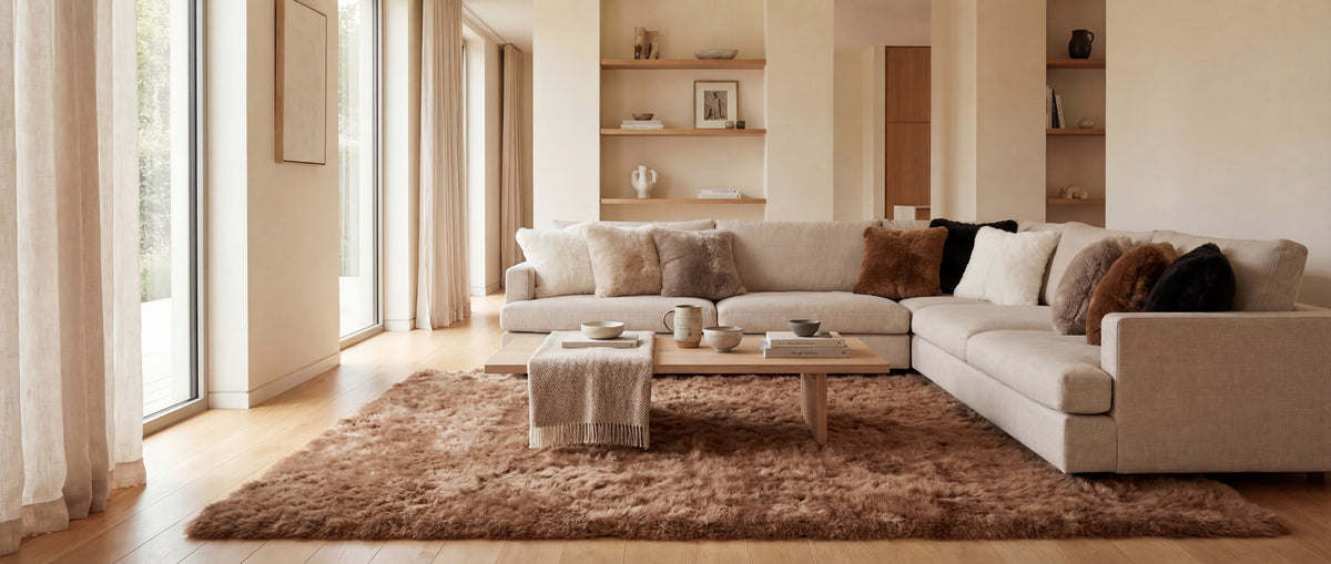 Contemporary living room styled with a taupe baby alpaca fur rug and neutral alpaca fur cushions
