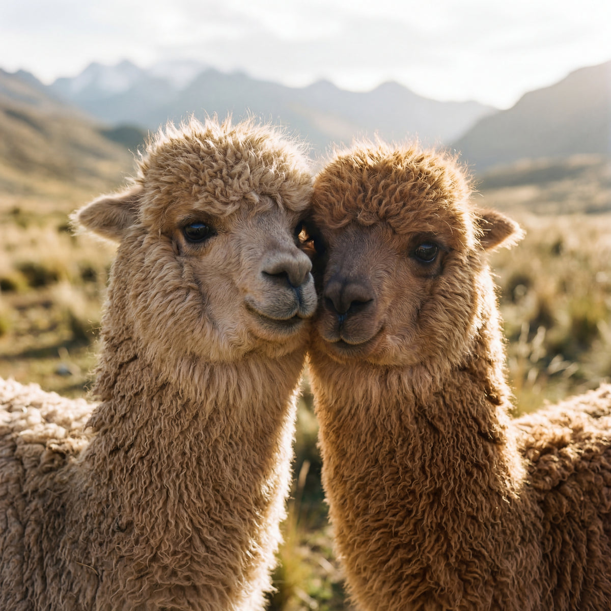 Two alpacas standing together in the Andean highlands with mountains in the background