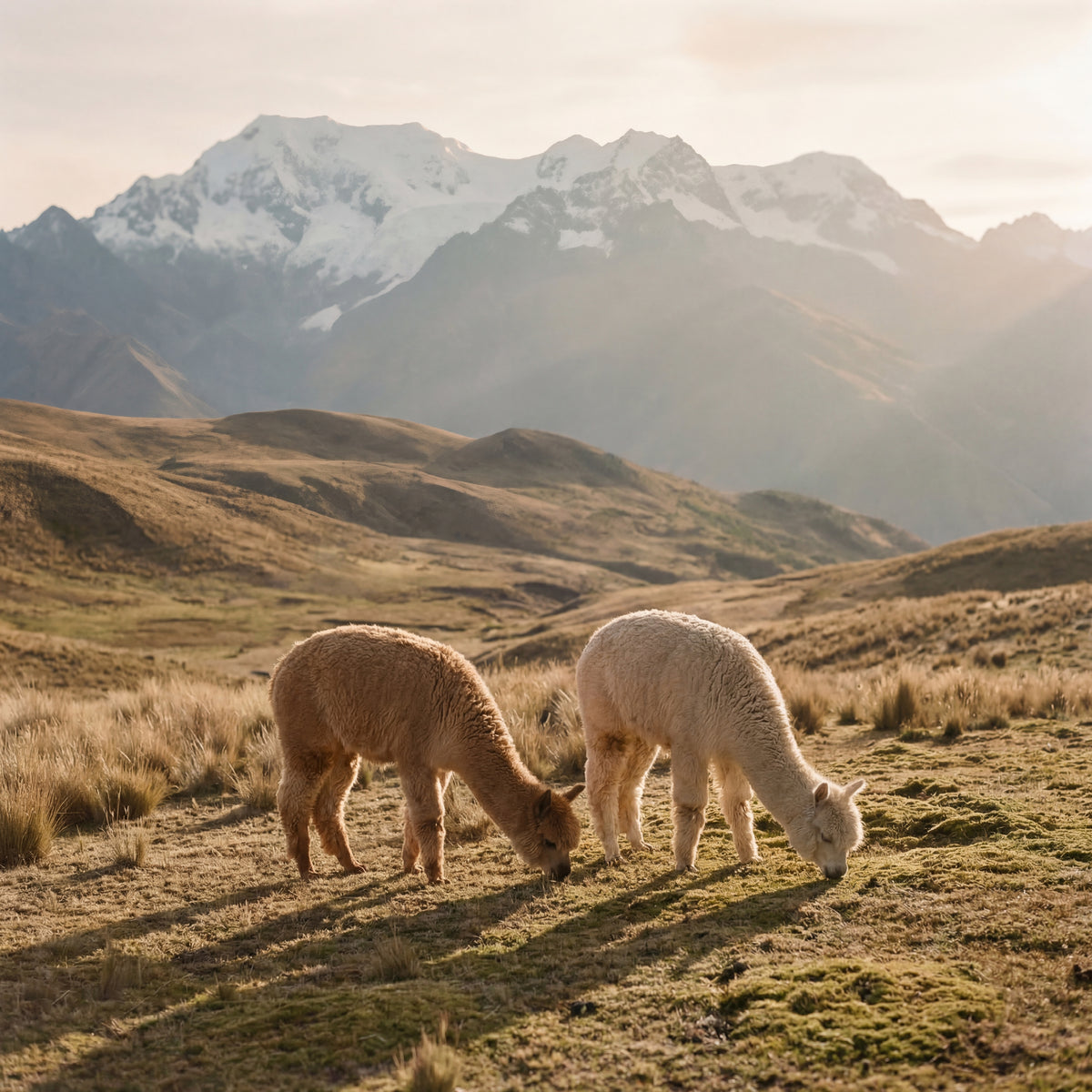 Two alpacas grazing in the Andean highlands with mountain peaks in the background
