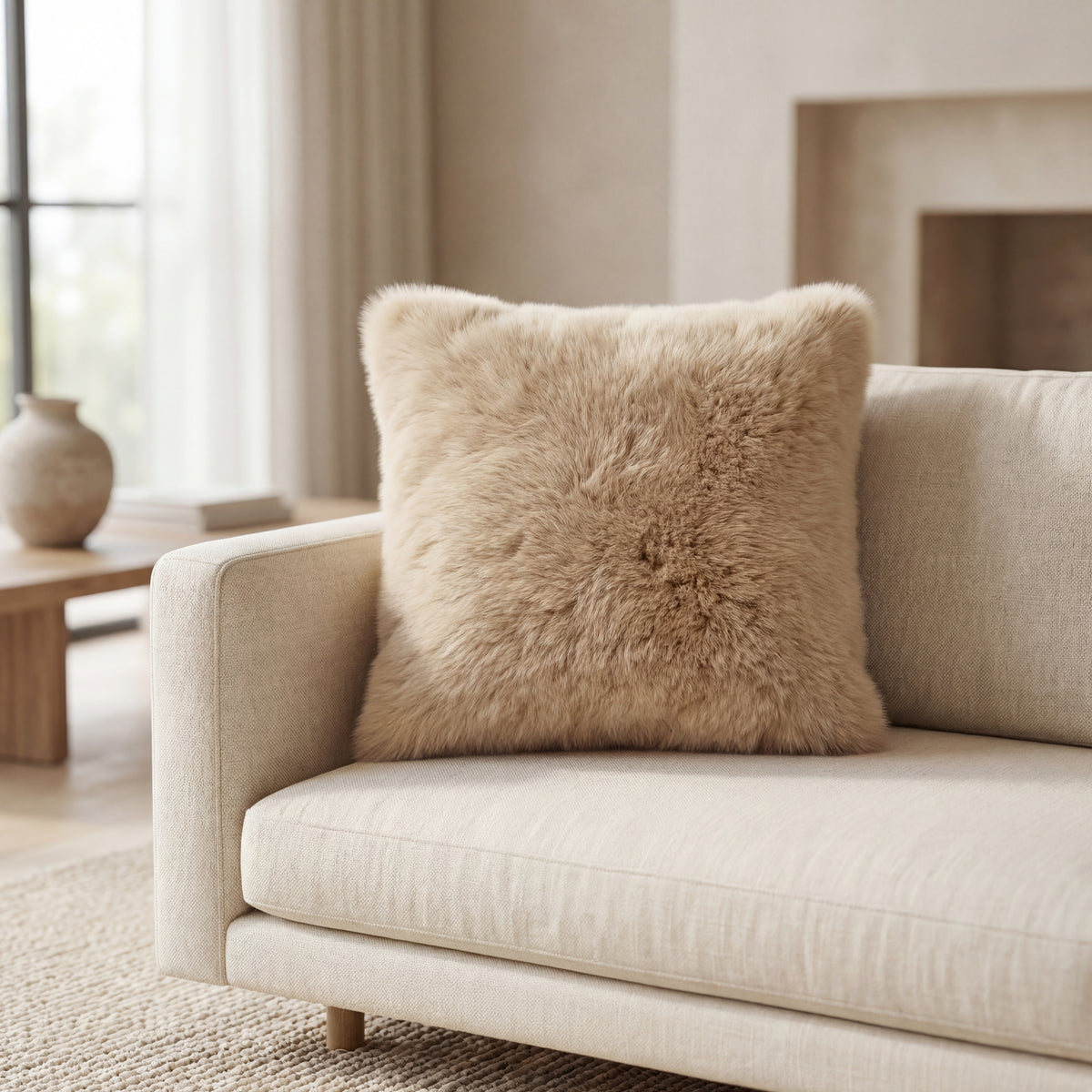 Beige baby alpaca fur cushion styled on a neutral armchair in a refined contemporary interior