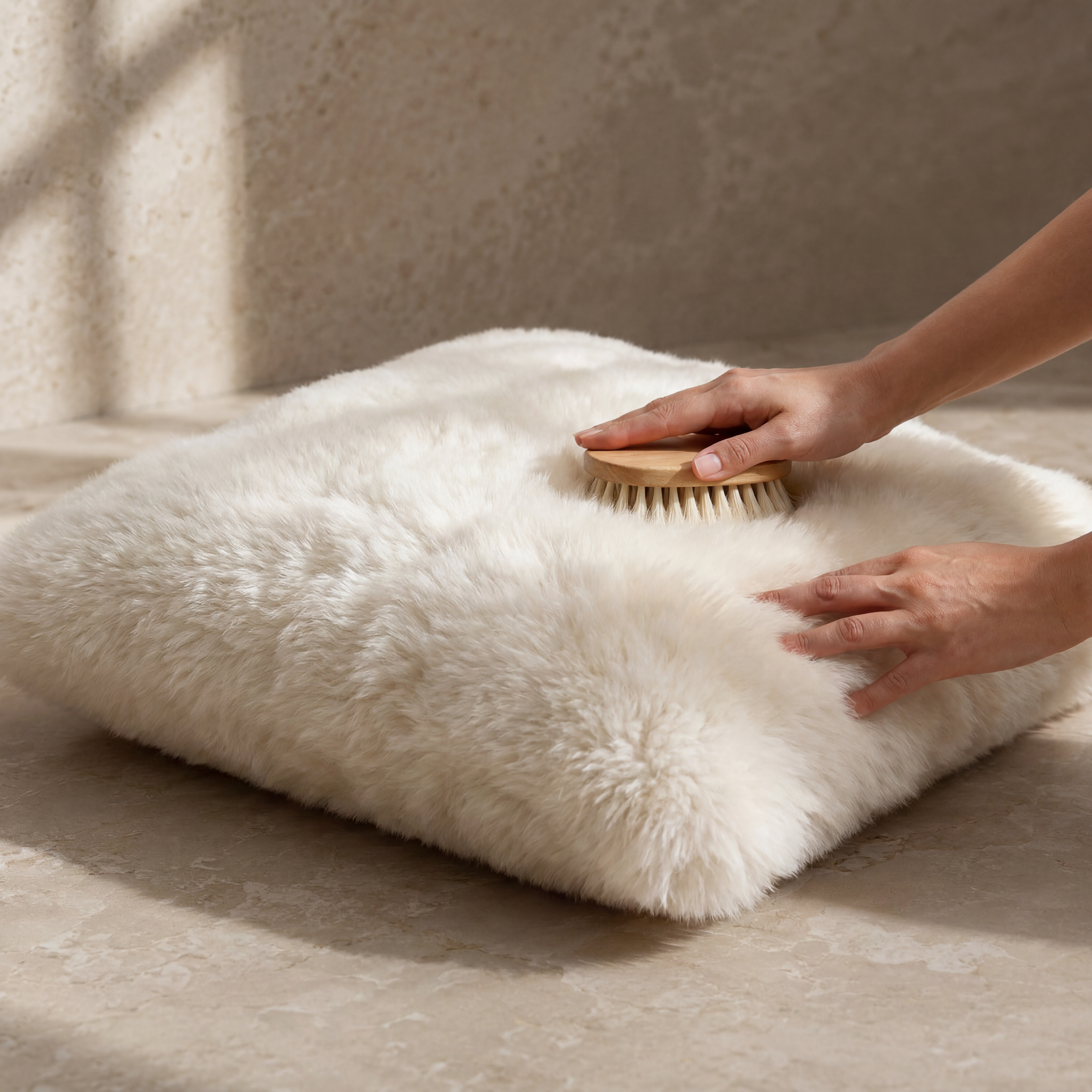 Hands brushing an ivory baby alpaca fur piece with a soft wooden brush as part of regular fur care