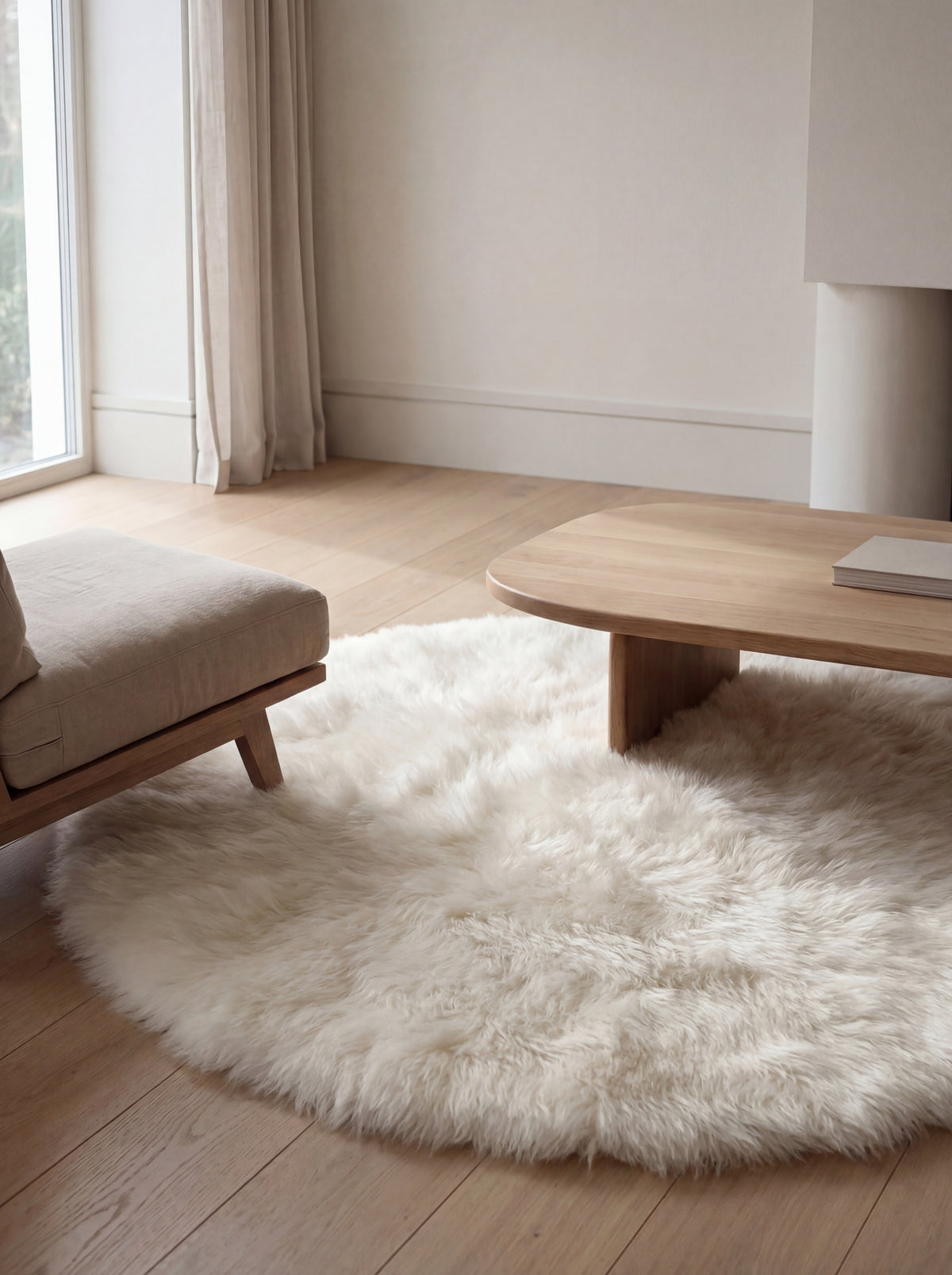 Ivory baby alpaca fur round rug in a light contemporary living room with natural wood furnishings