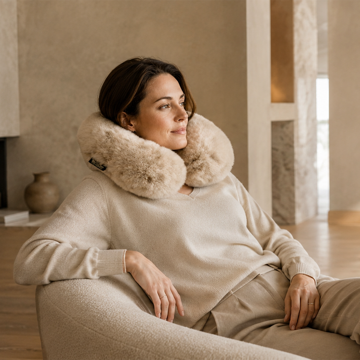 Woman seated in a warm contemporary interior wearing a soft baby alpaca fur neck pillow
