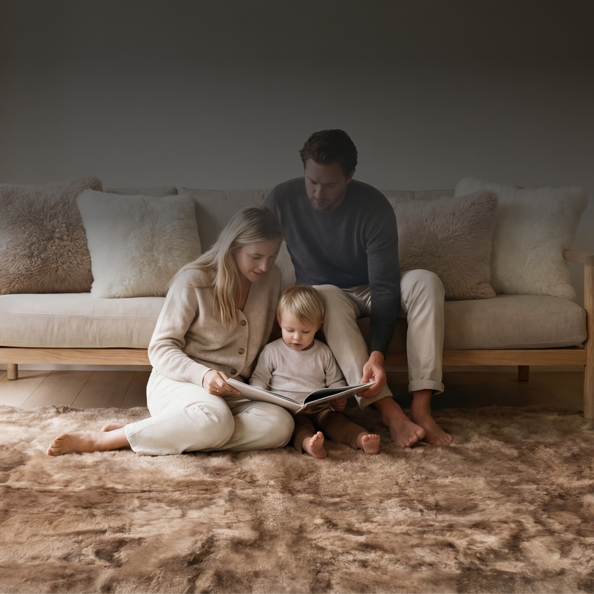 Family seated on a sofa with baby alpaca fur cushions and a large alpaca fur rug in a warm contemporary living room.