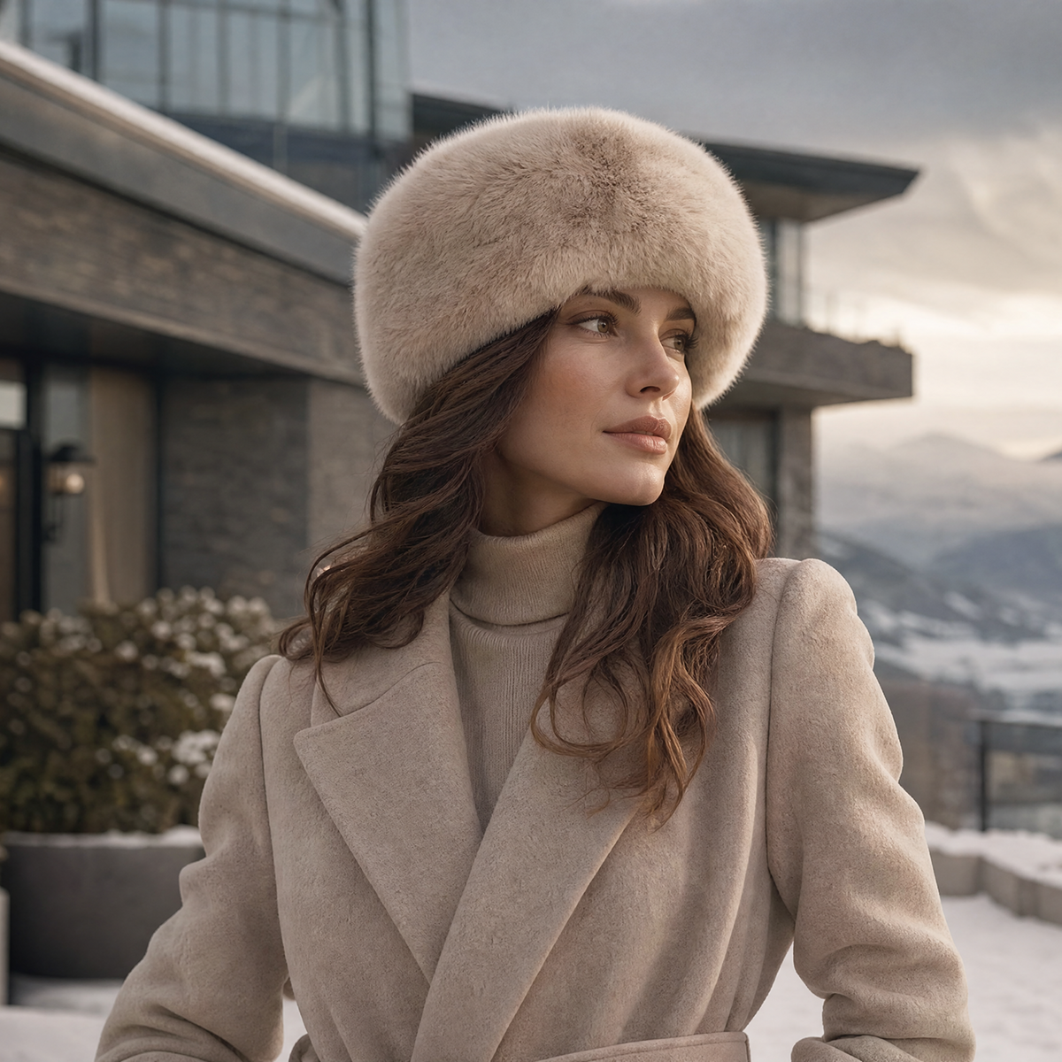 A woman wearing the Alpaca Gold Standard Classic hat in beige and a beige coat stands on a snowy terrace with a modern house and mountain landscape in the background.