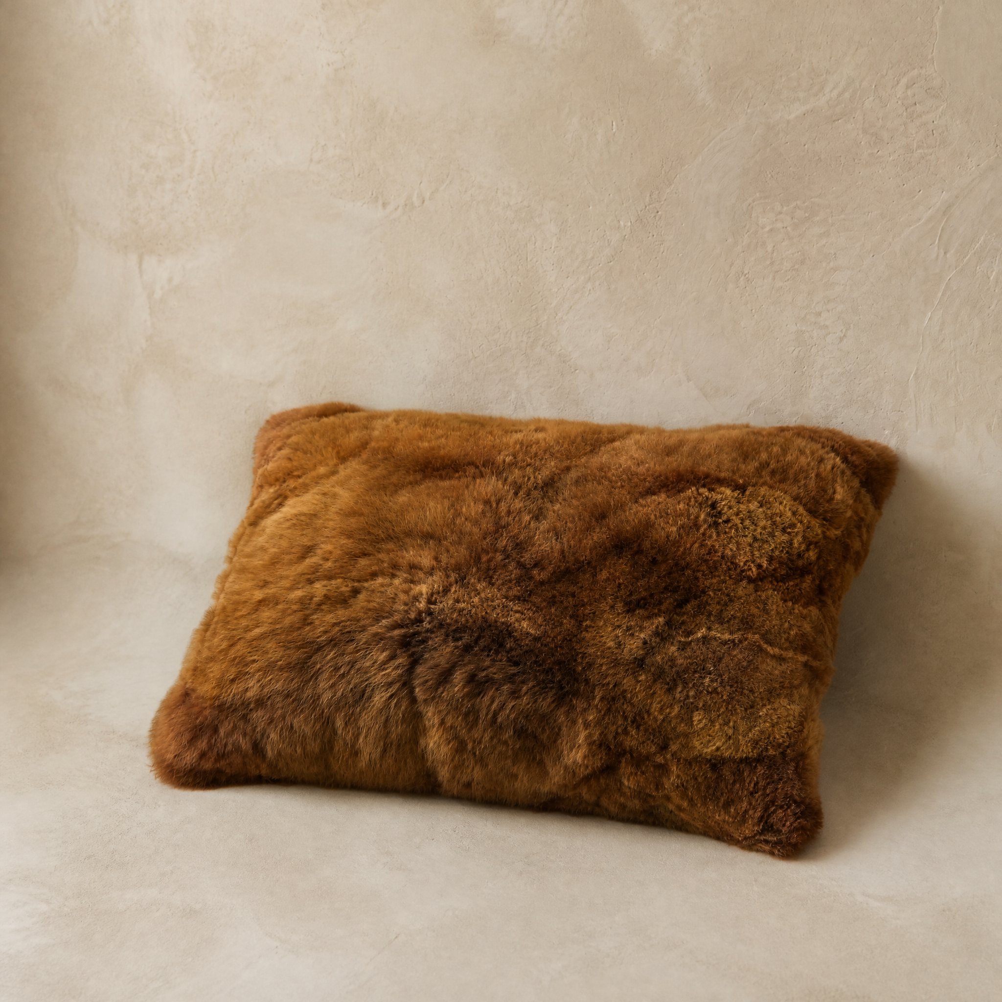 Chestnut baby alpaca fur throw pillow, front view
