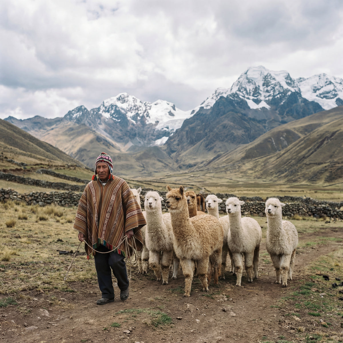 Man in traditional clothing standing with alpacas in a mountainous landscape