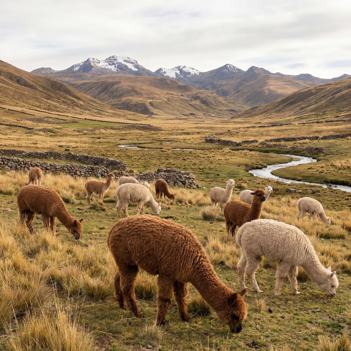 Alpacas grazing in a grassy field with mountains in the background