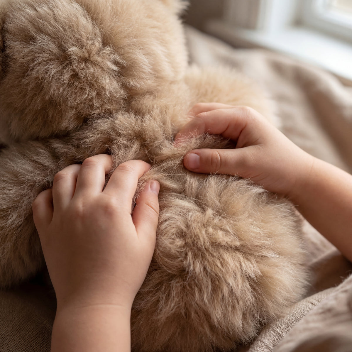 Close-up of hands petting a fluffy beige teddy