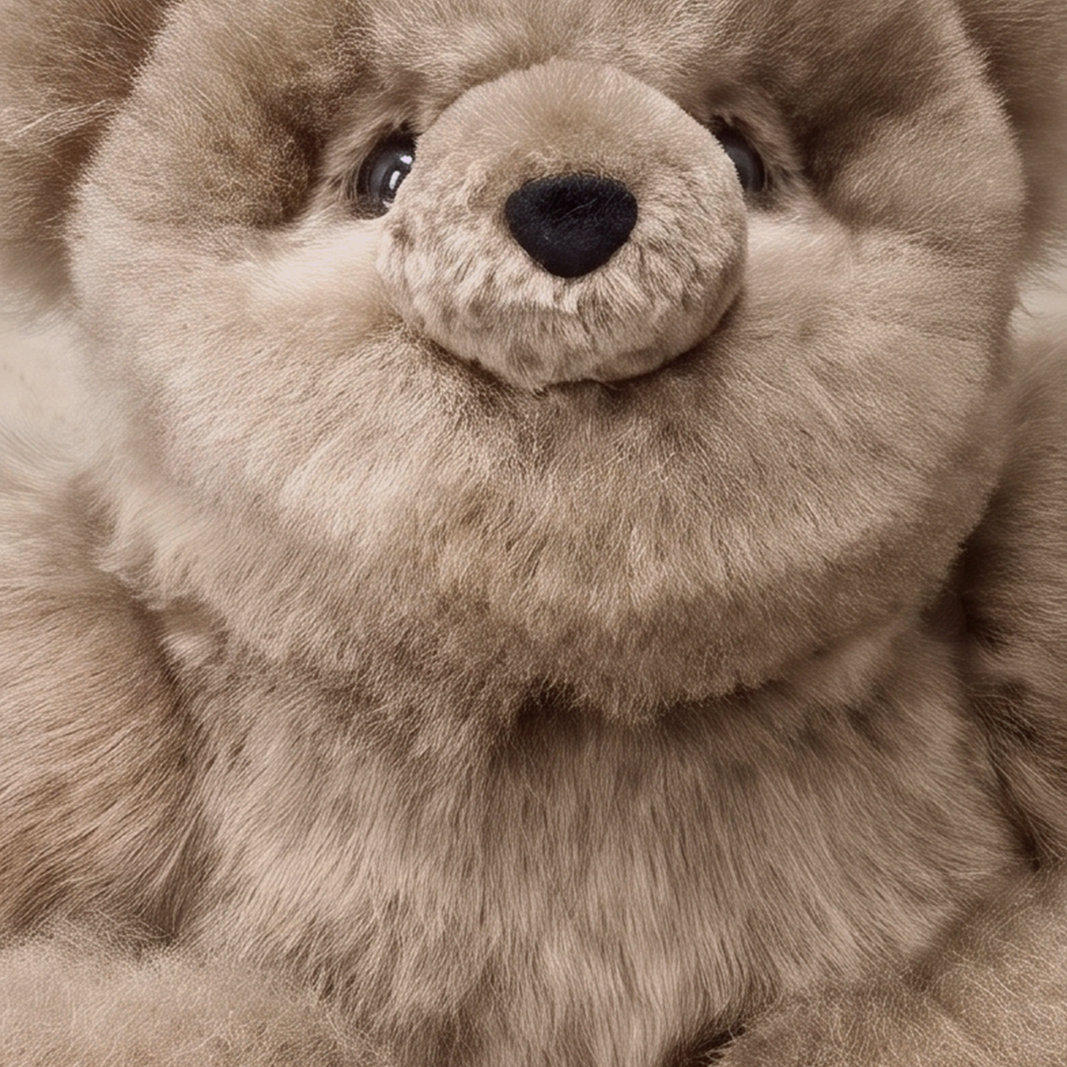 Close-up of taupe baby alpaca fur teddy bear and plush fur texture
